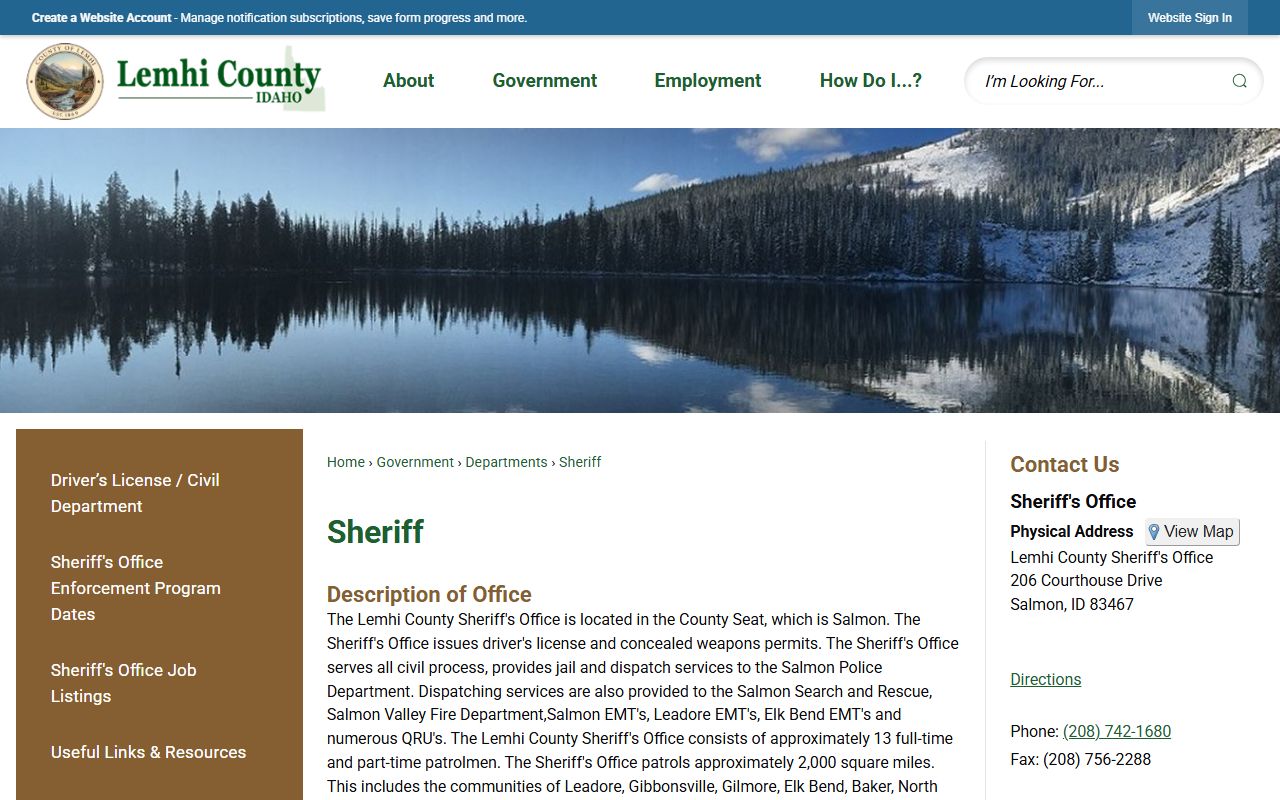 Lemhi County Sheriff page for inmate population and jail capacity