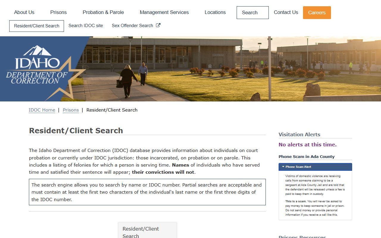 IDOC Resident Client Search for Lemhi County inmate lookup after sentencing